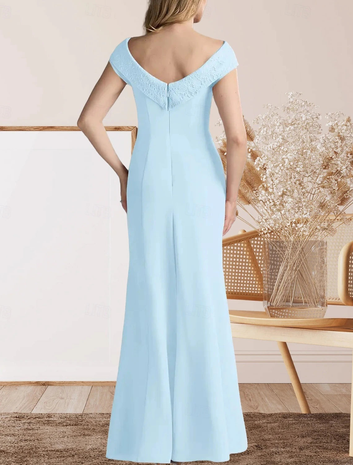 Mermaid / Trumpet Mother of the Bride Dress Wedding Guest Elegant Sweet Crew Neck Floor Length Lace Stretch Fabric Cap Sleeve with Lace Split Front