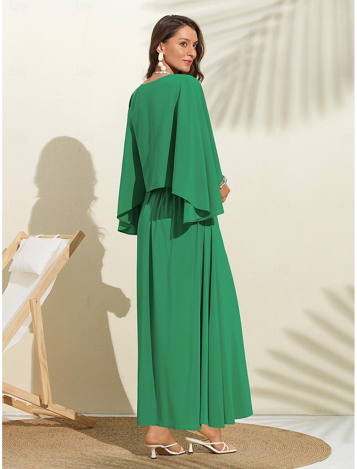 Women's Party/Wedding Guest Chiffon Dress Maxi Green V-Neck Dolman Sleeve Cape Design dress to impress