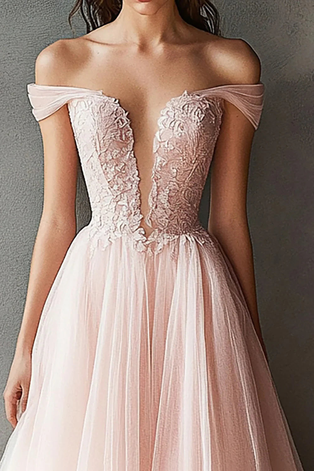 Pink Tulle Off the Shoulder Long Prom Dress