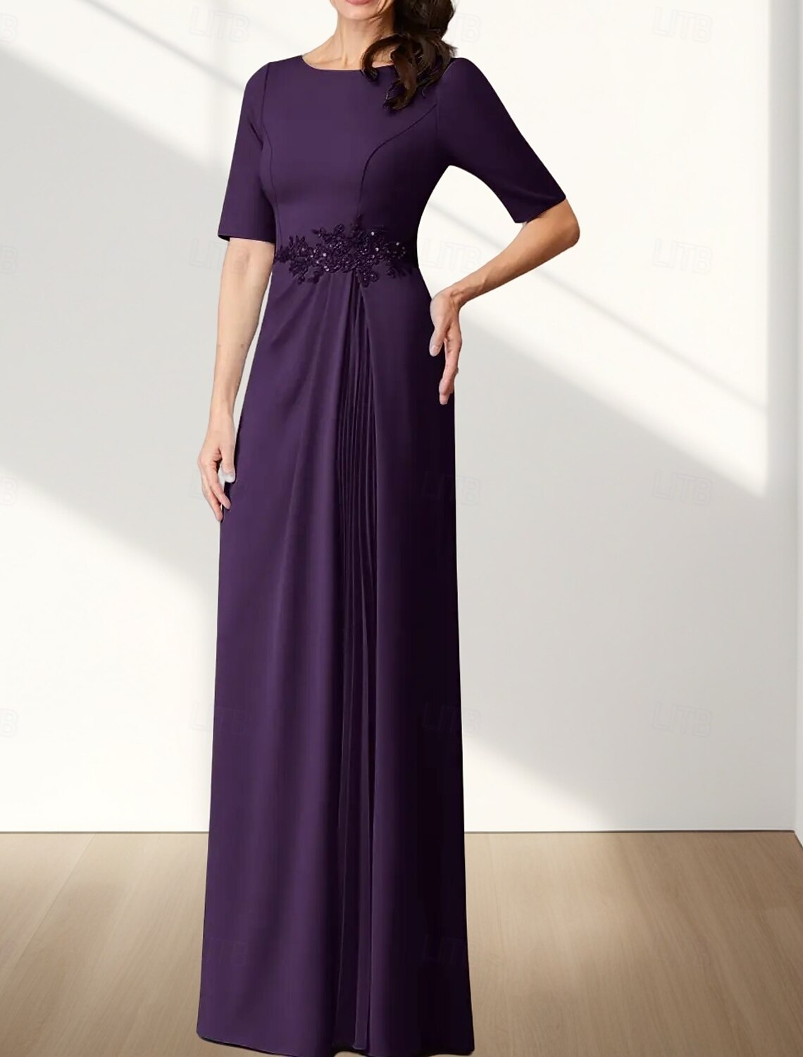 A-Line Mother of the Bride Dress Wedding Guest Elegant Crew Neck Floor Length Chiffon Stretch Fabric Half Sleeve with Appliques Ruching