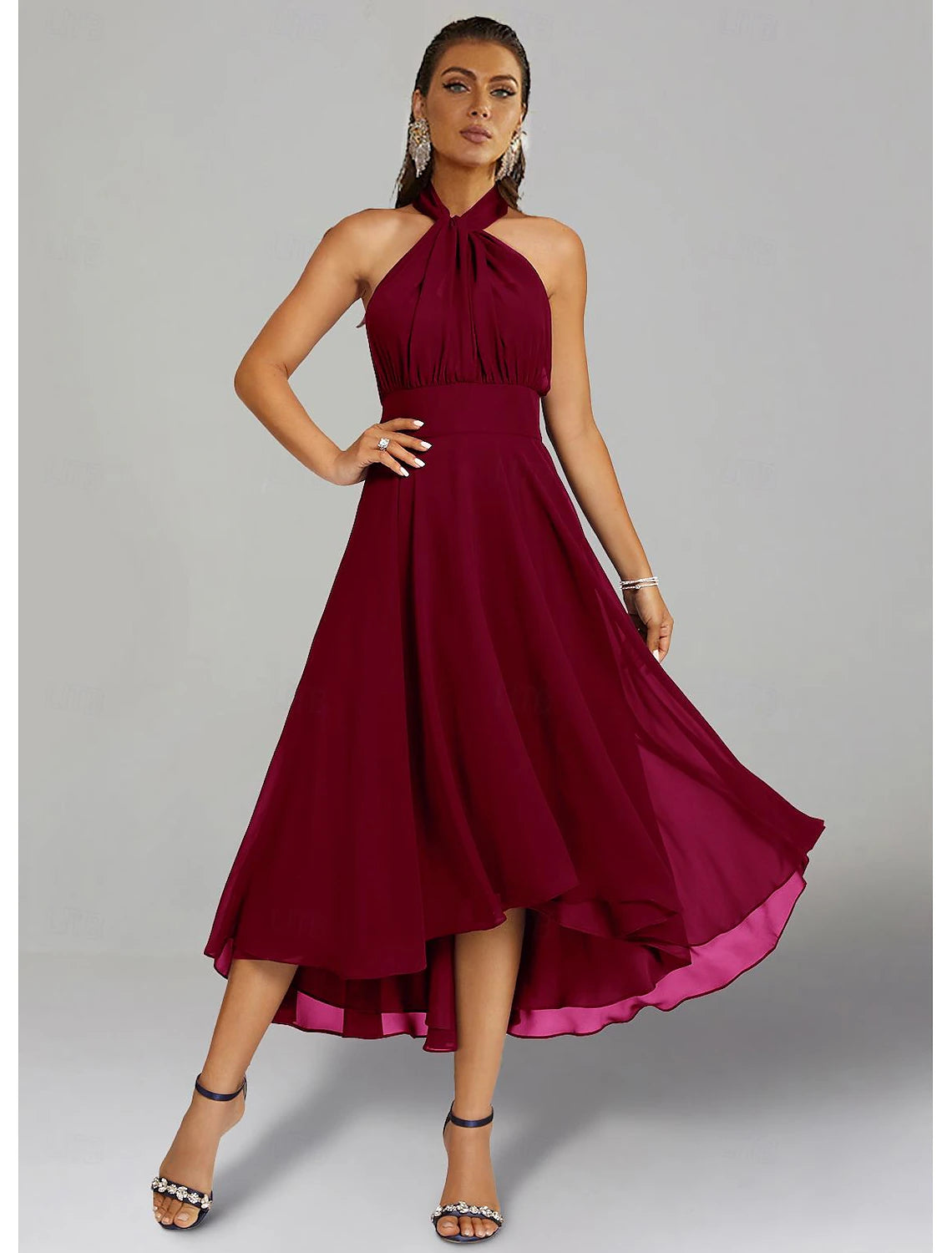 A-Line Wedding Guest Dresses Elegant Dress Formal Wedding Party Tea Length Sleeveless One Shoulder Fall Wedding Guest Chiffon with Ruched