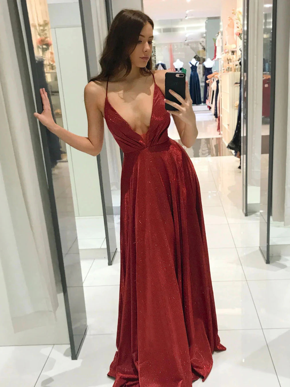 Simple v neck A line long prom dress burgundy evening dress