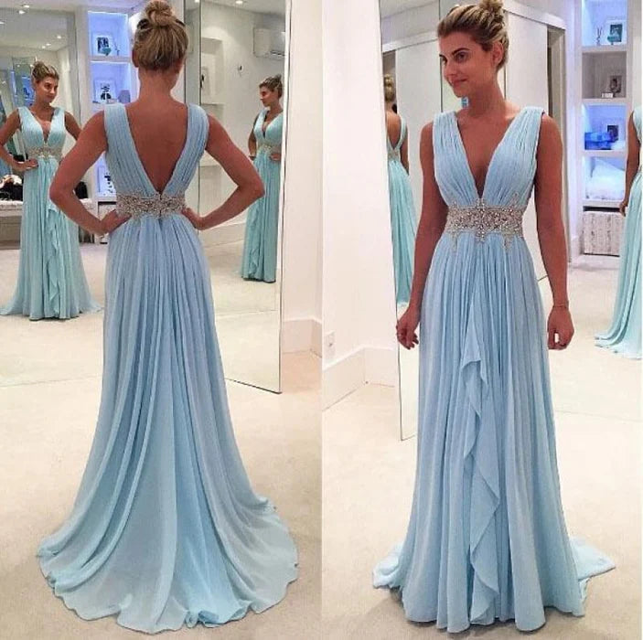 Sky Blue A Line Deep Neck Sleeveless V Back Beading Pleats Chiffon Long Prom Dress