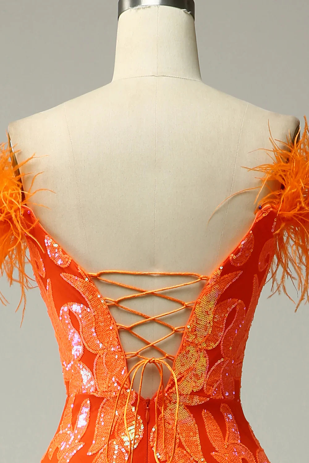 DingJiDress Orange Sequins Off the Shoulder Mermaid Prom Dress with Feathers