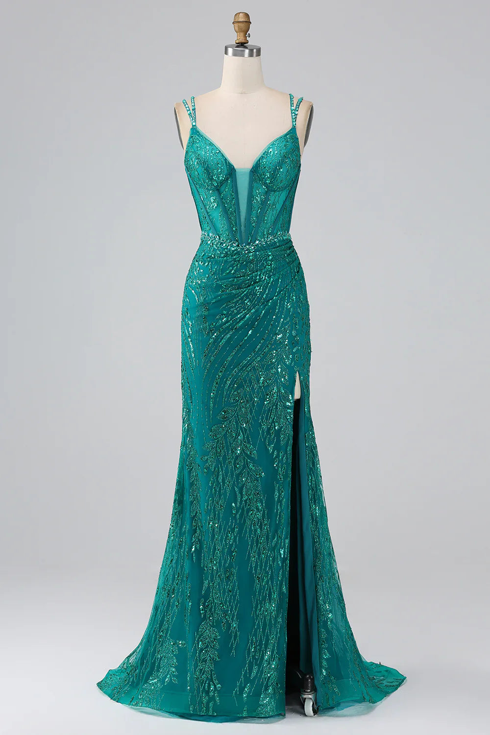 DingJiDress Dark Green Sparkly Mermaid Spaghetti Straps Corset Prom Dress With Slit
