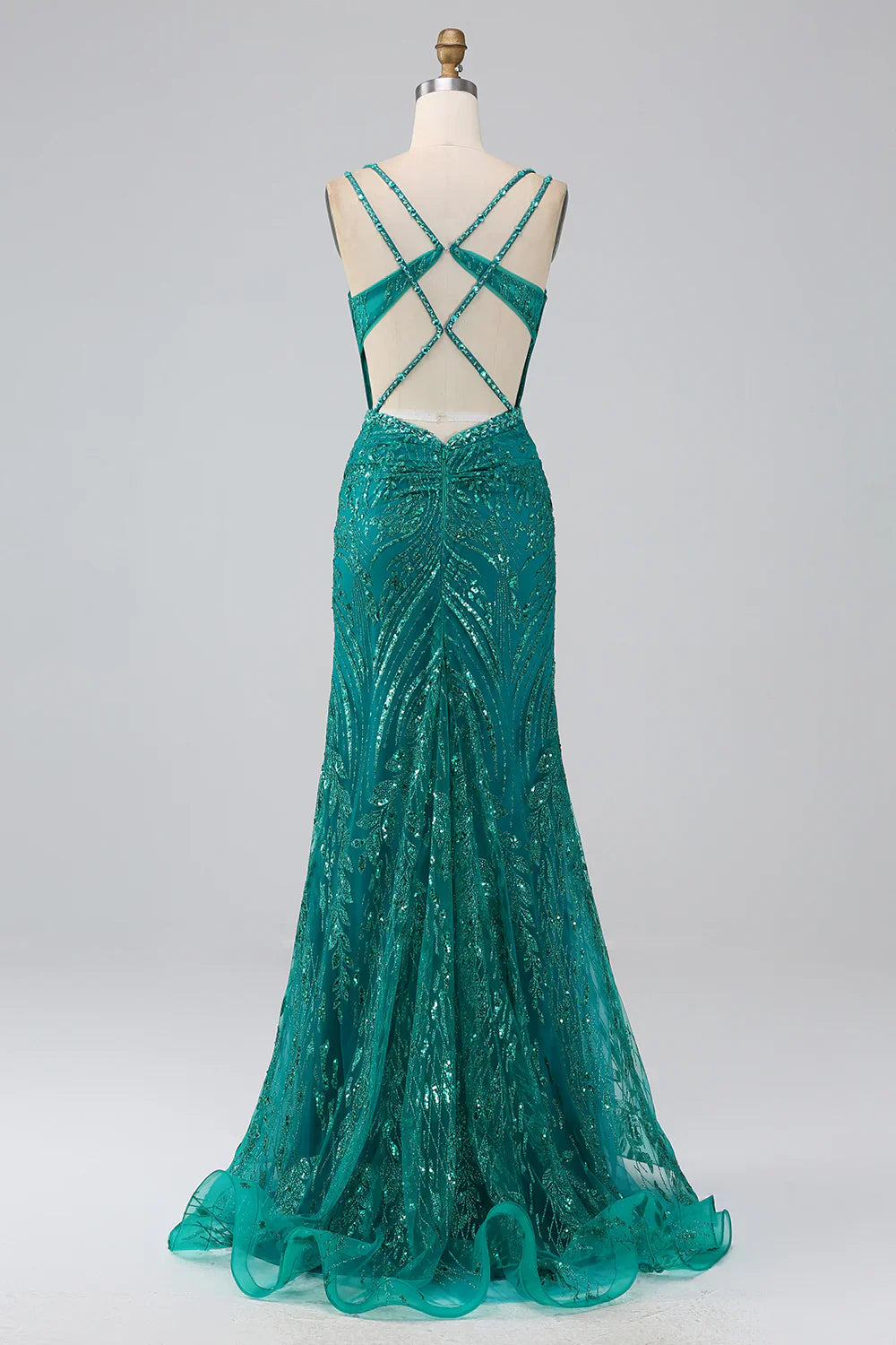 DingJiDress Dark Green Sparkly Mermaid Spaghetti Straps Corset Prom Dress With Slit