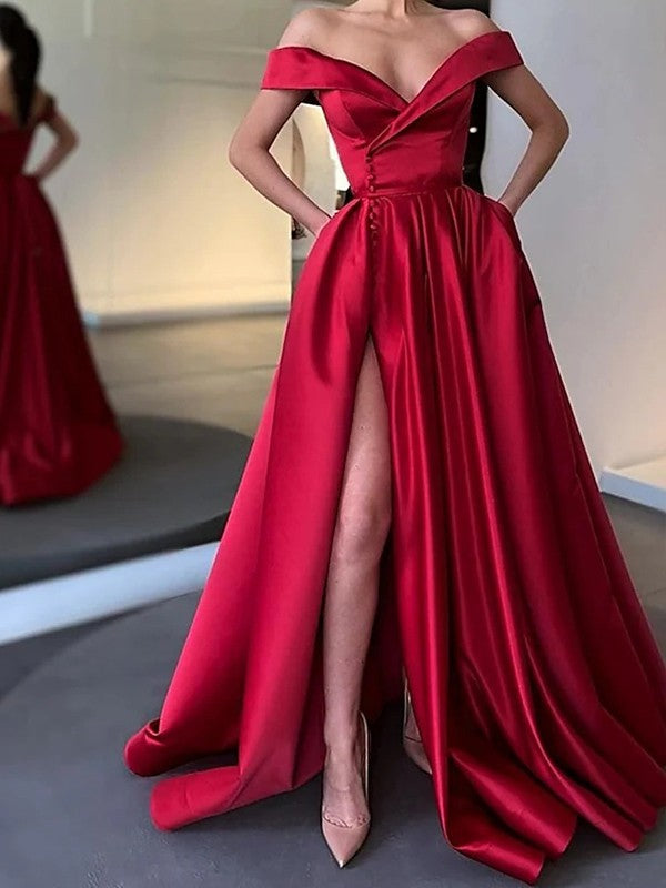 A-Line/Princess Satin Ruffles Off-the-Shoulder Sleeveless Sweep/Brush Train Dresses