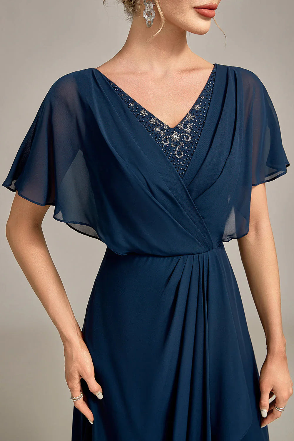 DingJiDress Fashion Navy A-Line Asymmetrical Sequins Mother of the Bride Dress With Beading