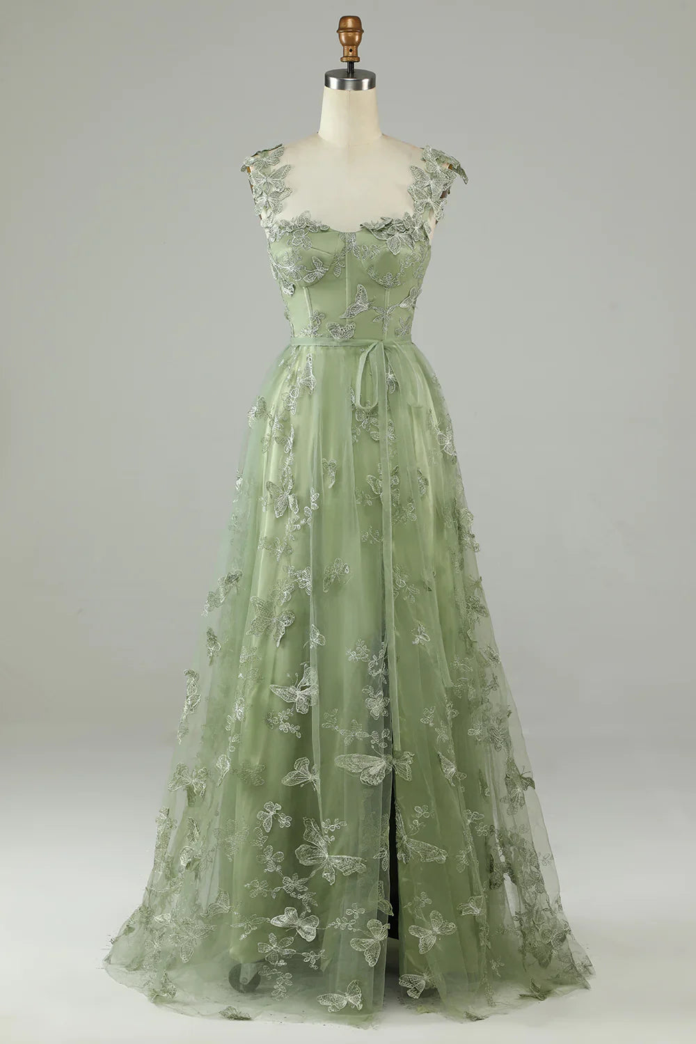 DingJiDress Green Corset Long Tulle Prom Dress with 3D Butterflies