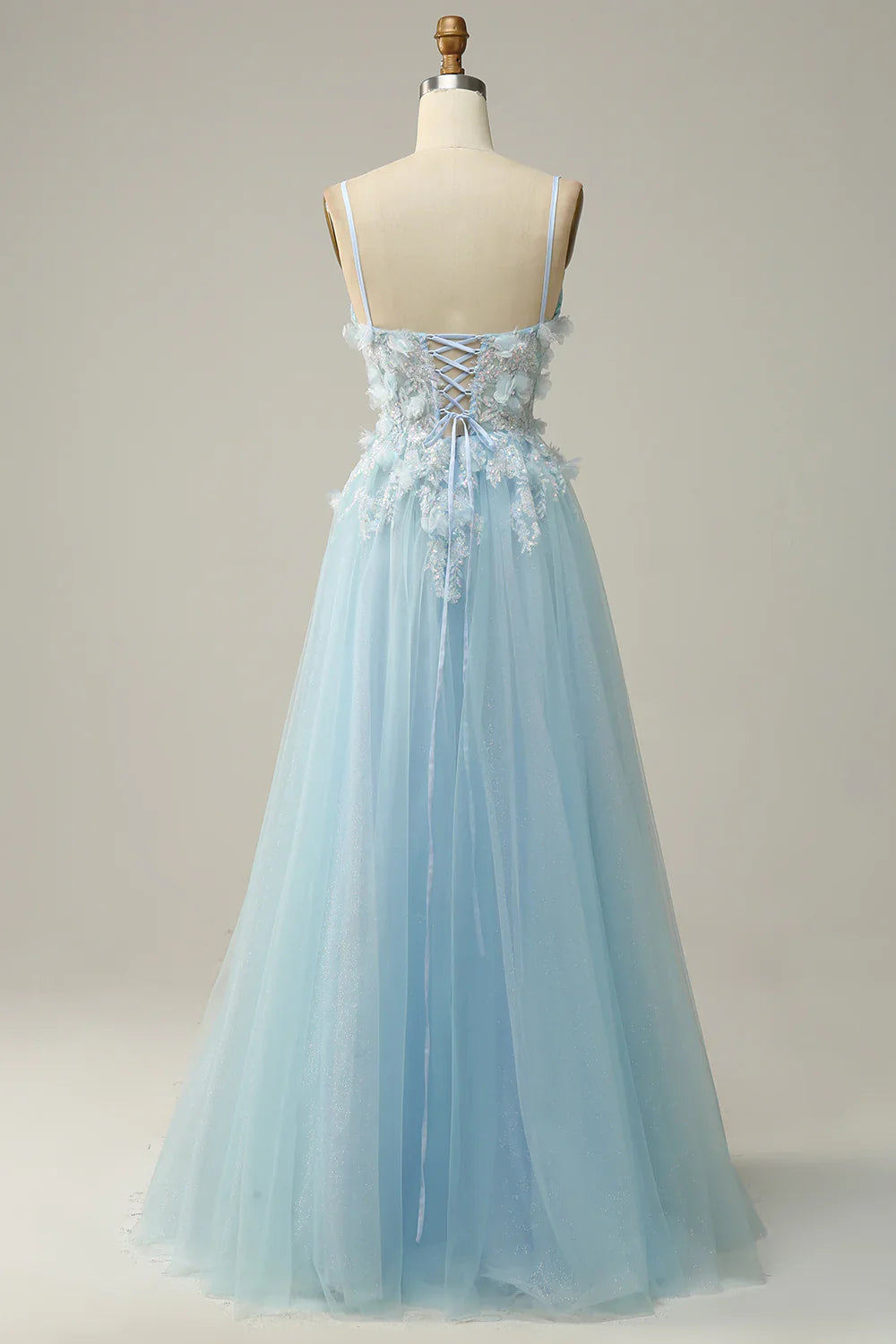 DingJiDress A Line Spaghetti Straps Sky Blue Prom Dress with Appliques