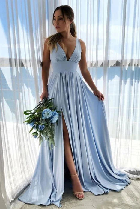 Deep V Neck Light Blue Long Prom Simple Flowy Bridesmaid Dresses