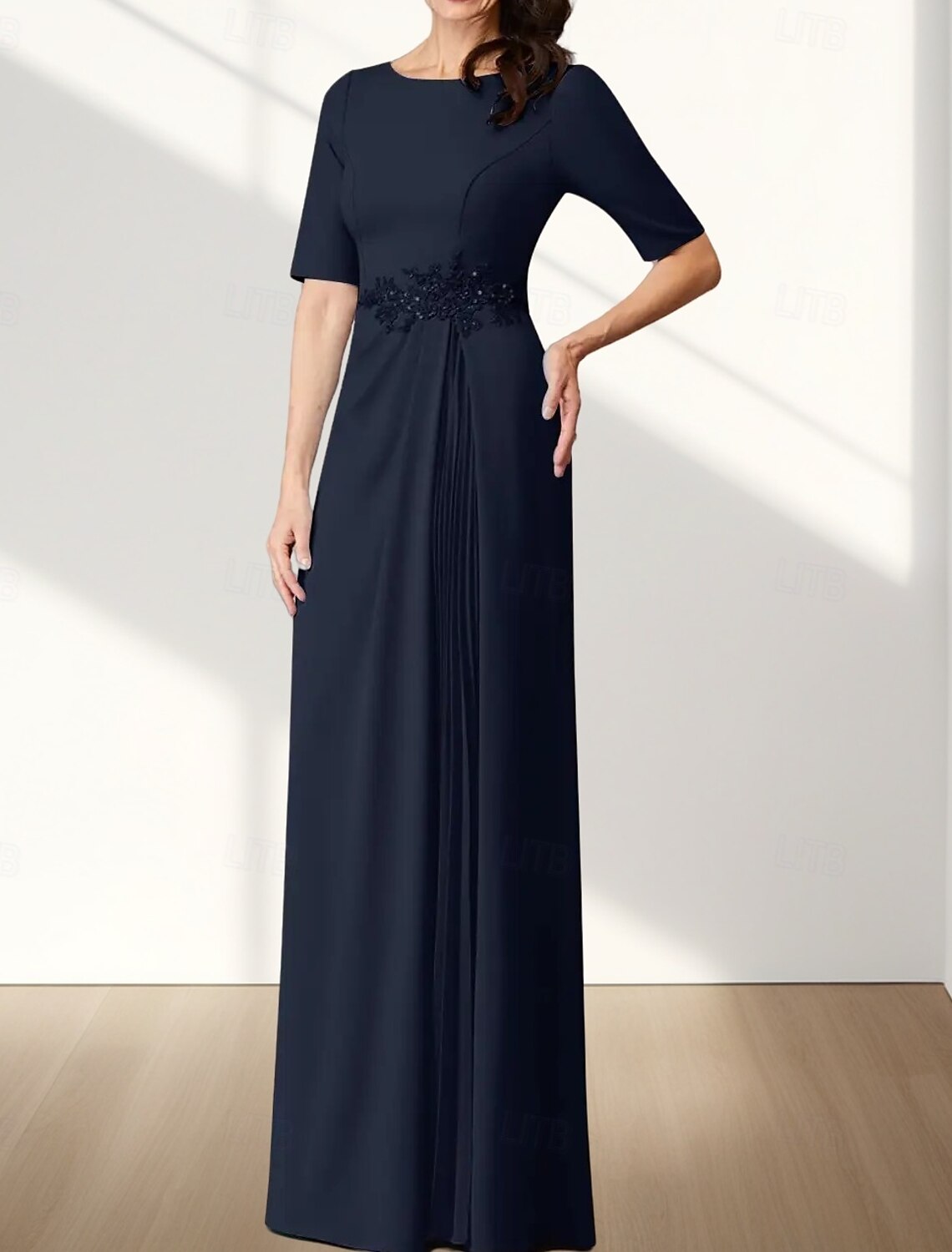 A-Line Mother of the Bride Dress Wedding Guest Elegant Crew Neck Floor Length Chiffon Stretch Fabric Half Sleeve with Appliques Ruching
