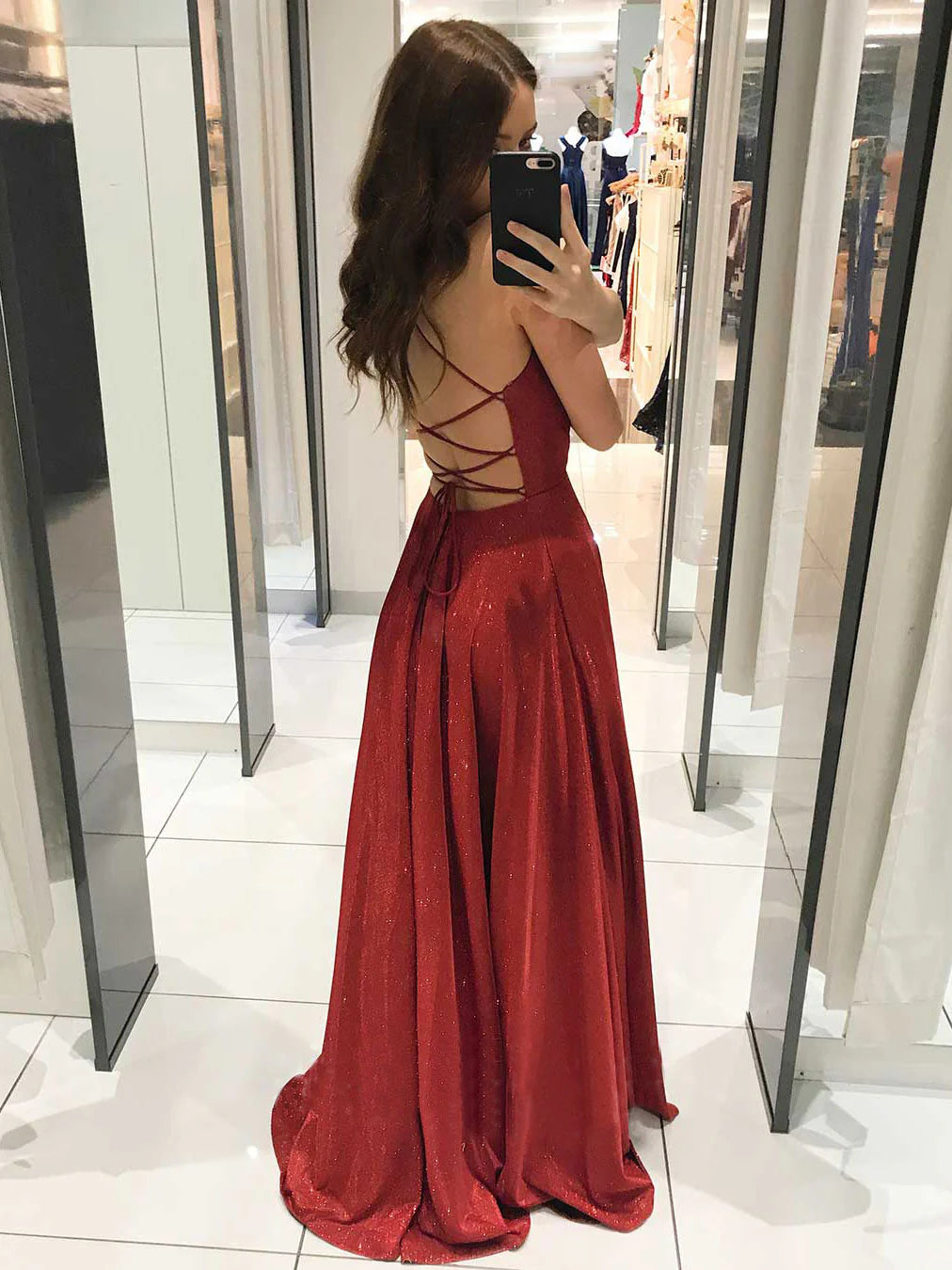 Simple v neck A line long prom dress burgundy evening dress