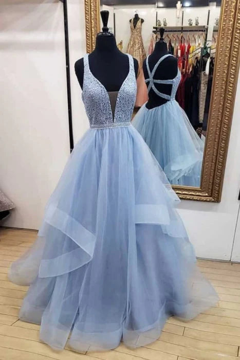 Blue Long Prom Deep V Neck Tulle Party Dresses Floor Length Sleeveless Dress