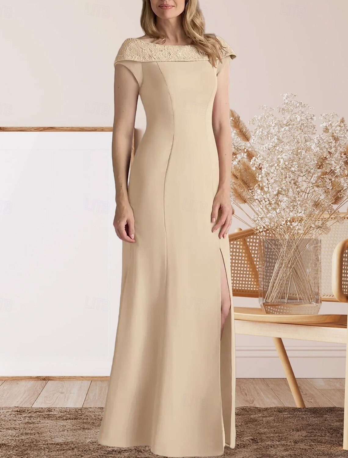 Mermaid / Trumpet Mother of the Bride Dress Wedding Guest Elegant Sweet Crew Neck Floor Length Lace Stretch Fabric Cap Sleeve with Lace Split Front