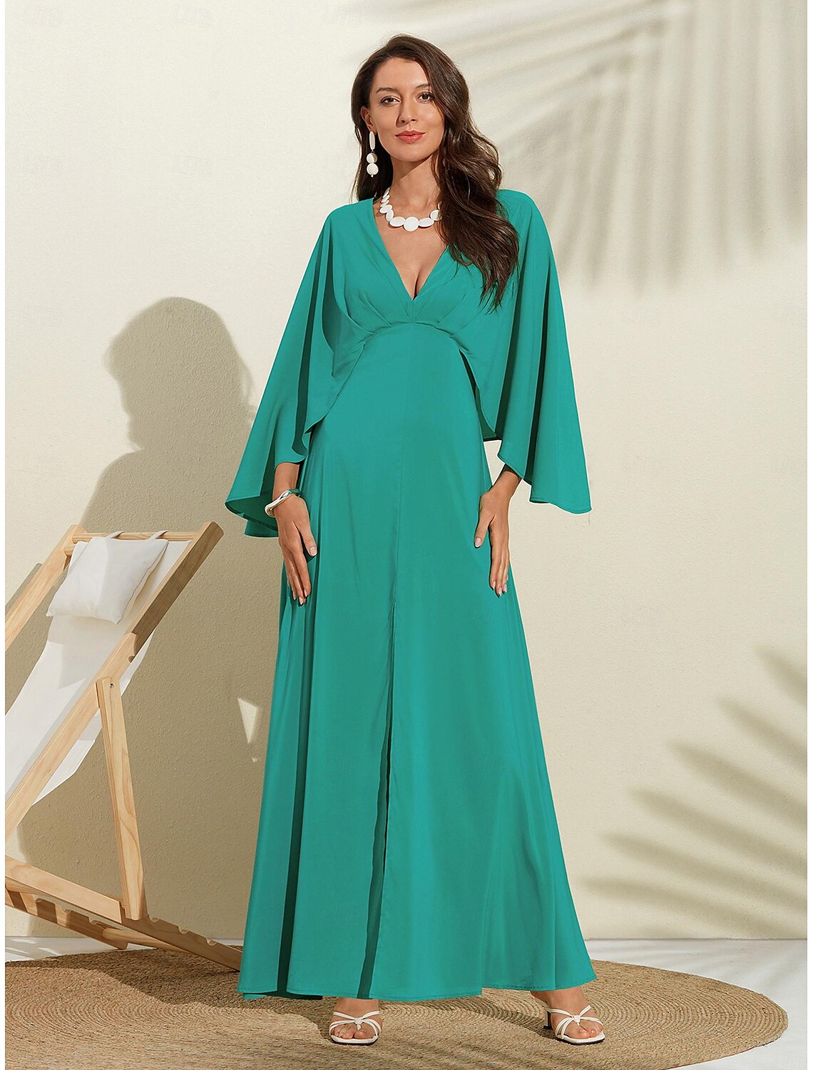 Women's Party/Wedding Guest Chiffon Dress Maxi Green V-Neck Dolman Sleeve Cape Design dress to impress