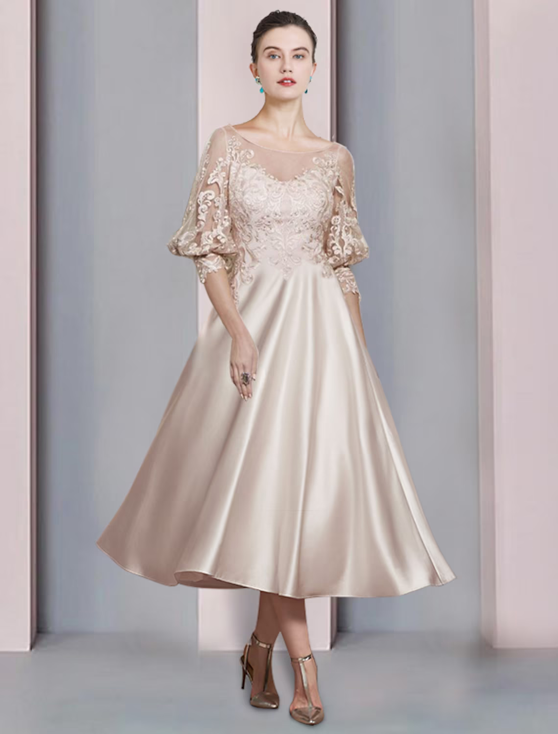A-Line Mother of the Bride Dress Formal Wedding Guest Elegant Scoop Neck Lace Length Sleeve Wrap Included with Pleats Appliques