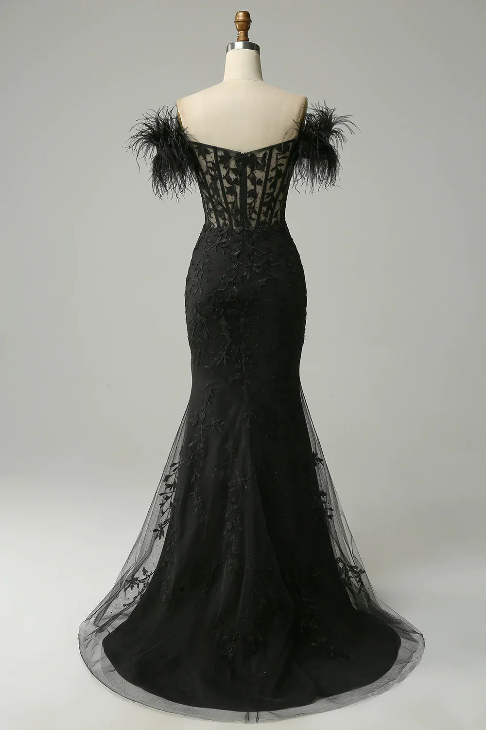 DingJiDress Off the Shoulder Black Mermaid Prom Dress with Feathers