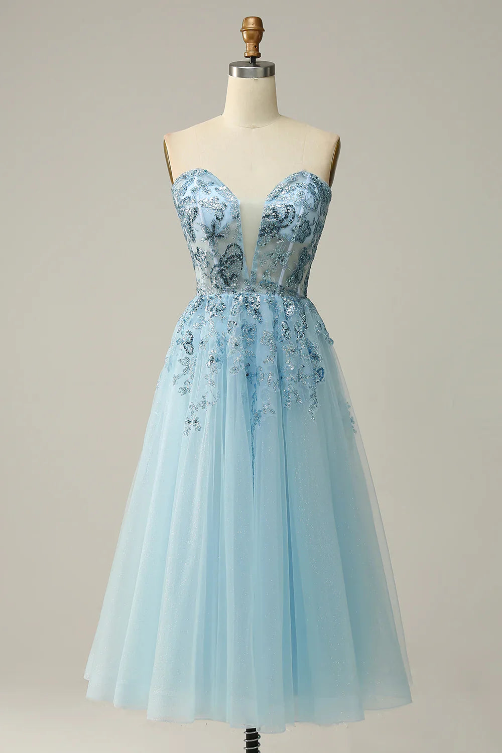 DingJiDress A Line Midi Sweetheart Sequins Sky Blue Prom Dress