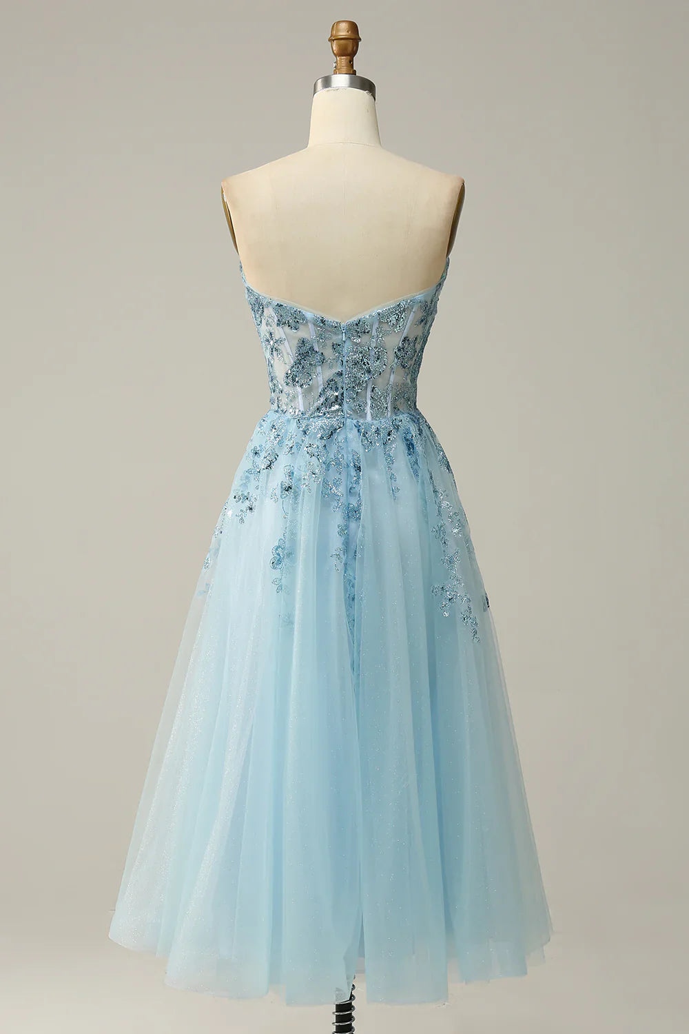 DingJiDress A Line Midi Sweetheart Sequins Sky Blue Prom Dress