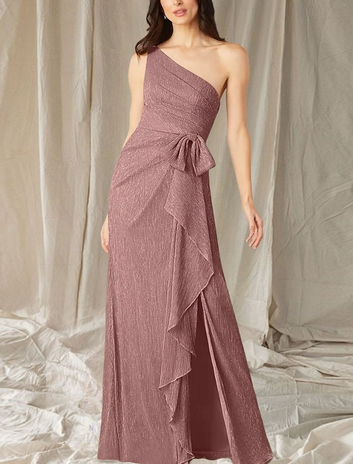 A-Line Mother of the Bride Dress Wedding Guest Elegant High Split One Shoulder Floor Length Stretch Chiffon Sleeveless with Ruffles Split Front Ruching