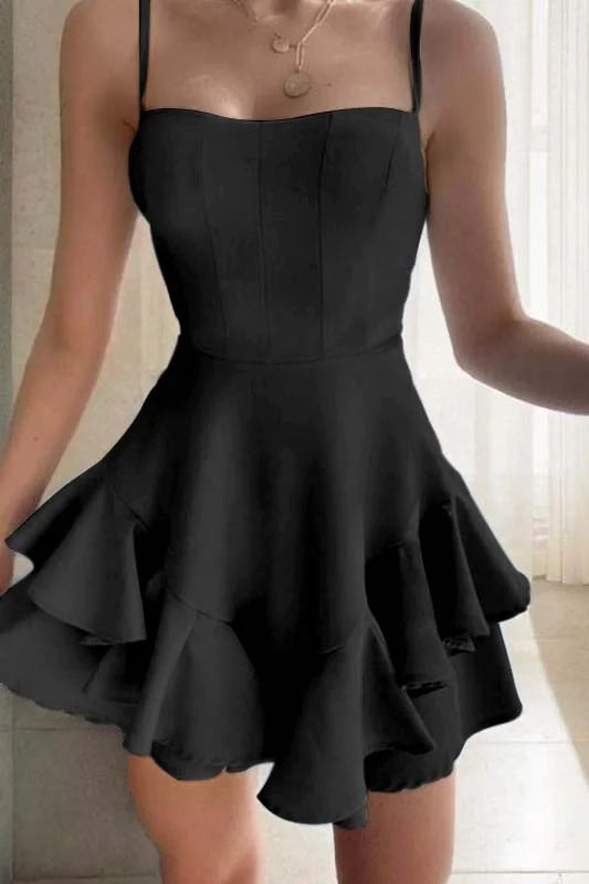 Slim Sky Blue Satin Spaghetti Strap Sleeveless Short Homecoming Dress With Ruffles