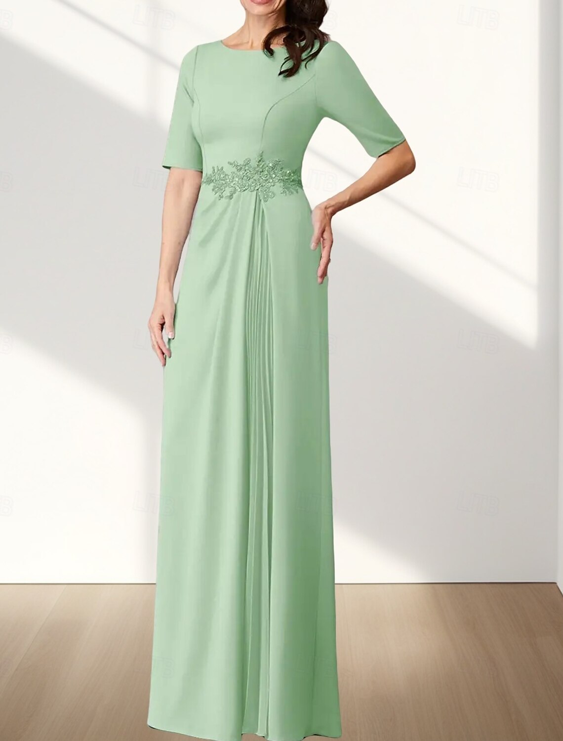 A-Line Mother of the Bride Dress Wedding Guest Elegant Crew Neck Floor Length Chiffon Stretch Fabric Half Sleeve with Appliques Ruching