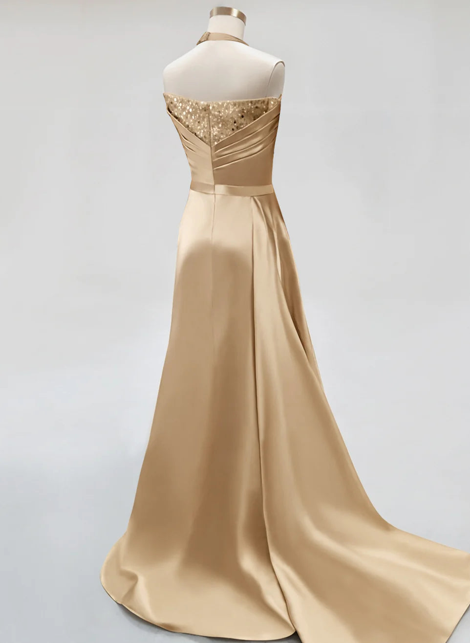 Champagne colored long neck strap elegant sparkling evening gown