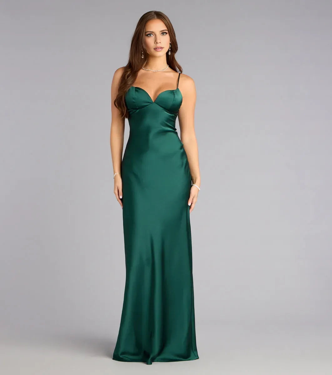 Sexy Sheath Sweetheart Neck Spaghetti Strap Back Zip Satin Floor-Length Prom Dresses  for women