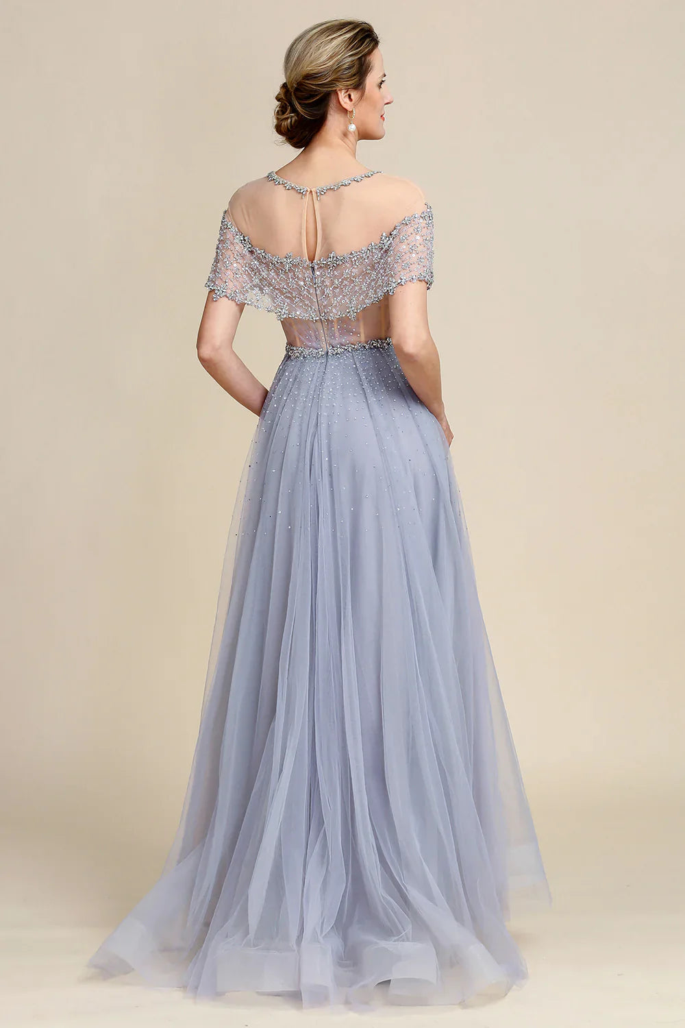 DingJiDress Elegant Grey Tulle A Line Beaded Glitter Mother of Bride Dress Wedding Guest Dress