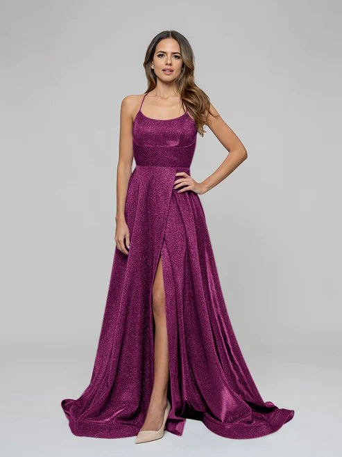 DingJiDress Halter Metallic Glitter Criss Cross Back A Line Prom Dresses