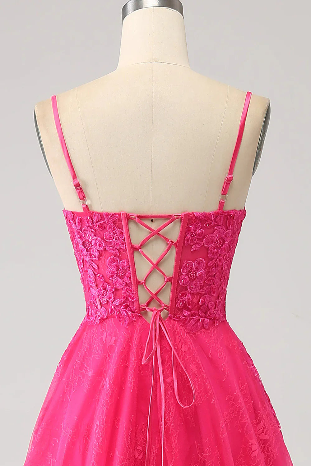 DingJiDress Fuchsia A-Line Corset Lace Long Prom Dress with Slit