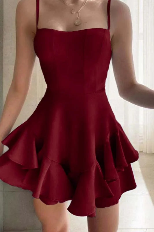 Slim Sky Blue Satin Spaghetti Strap Sleeveless Short Homecoming Dress With Ruffles