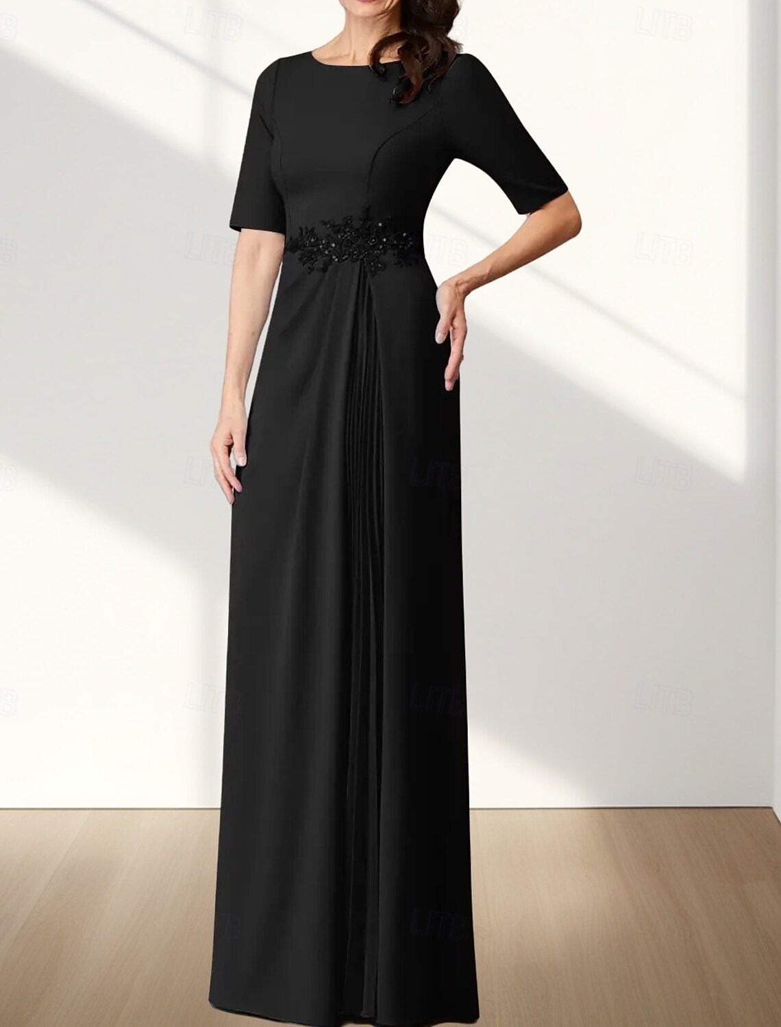 A-Line Mother of the Bride Dress Wedding Guest Elegant Crew Neck Floor Length Chiffon Stretch Fabric Half Sleeve with Appliques Ruching