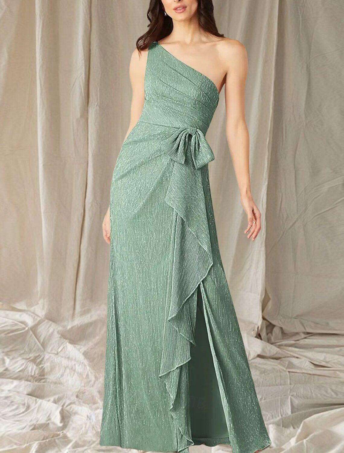 A-Line Mother of the Bride Dress Wedding Guest Elegant High Split One Shoulder Floor Length Stretch Chiffon Sleeveless with Ruffles Split Front Ruching