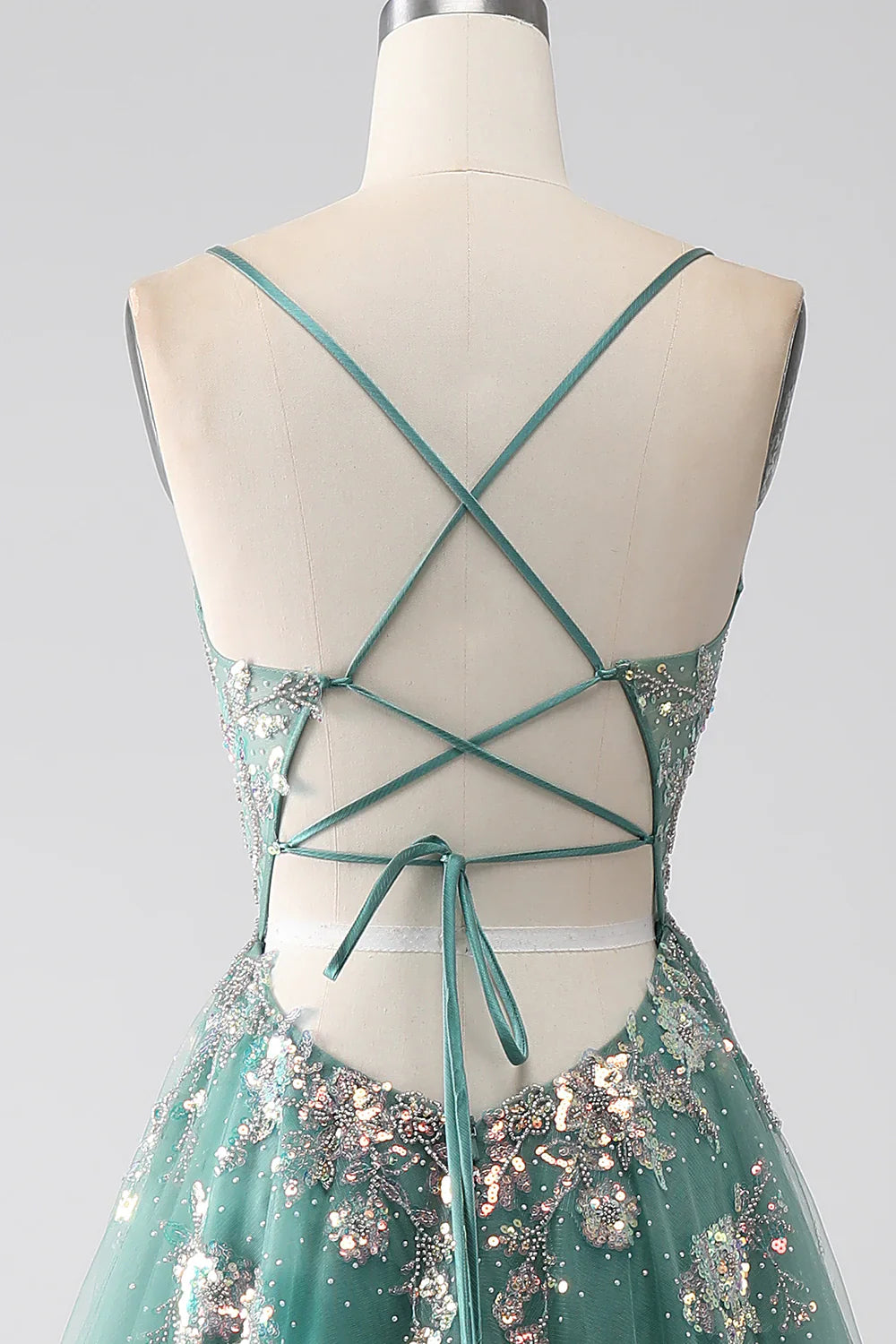 DingJiDress Green A-Line Spaghetti Straps Long Prom Dress With Sparkly Sequin Appliques