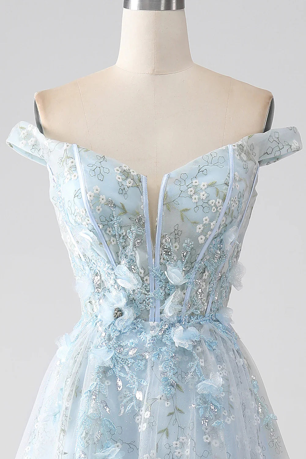 DingJiDress Light Blue A-Line Off the Shoulder Long Corset Prom Dress