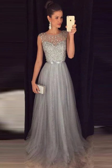 Gray Sleeveless Tulle Sequined Long Formal Dress Prom Dresses