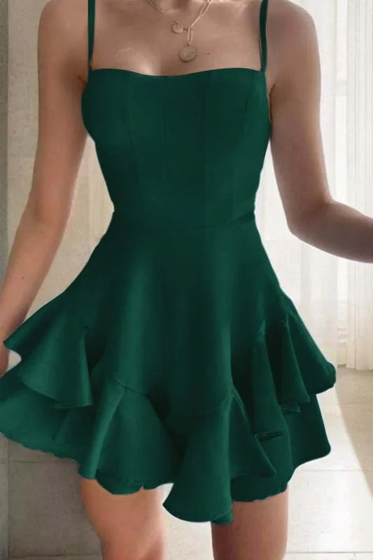 Slim Sky Blue Satin Spaghetti Strap Sleeveless Short Homecoming Dress With Ruffles