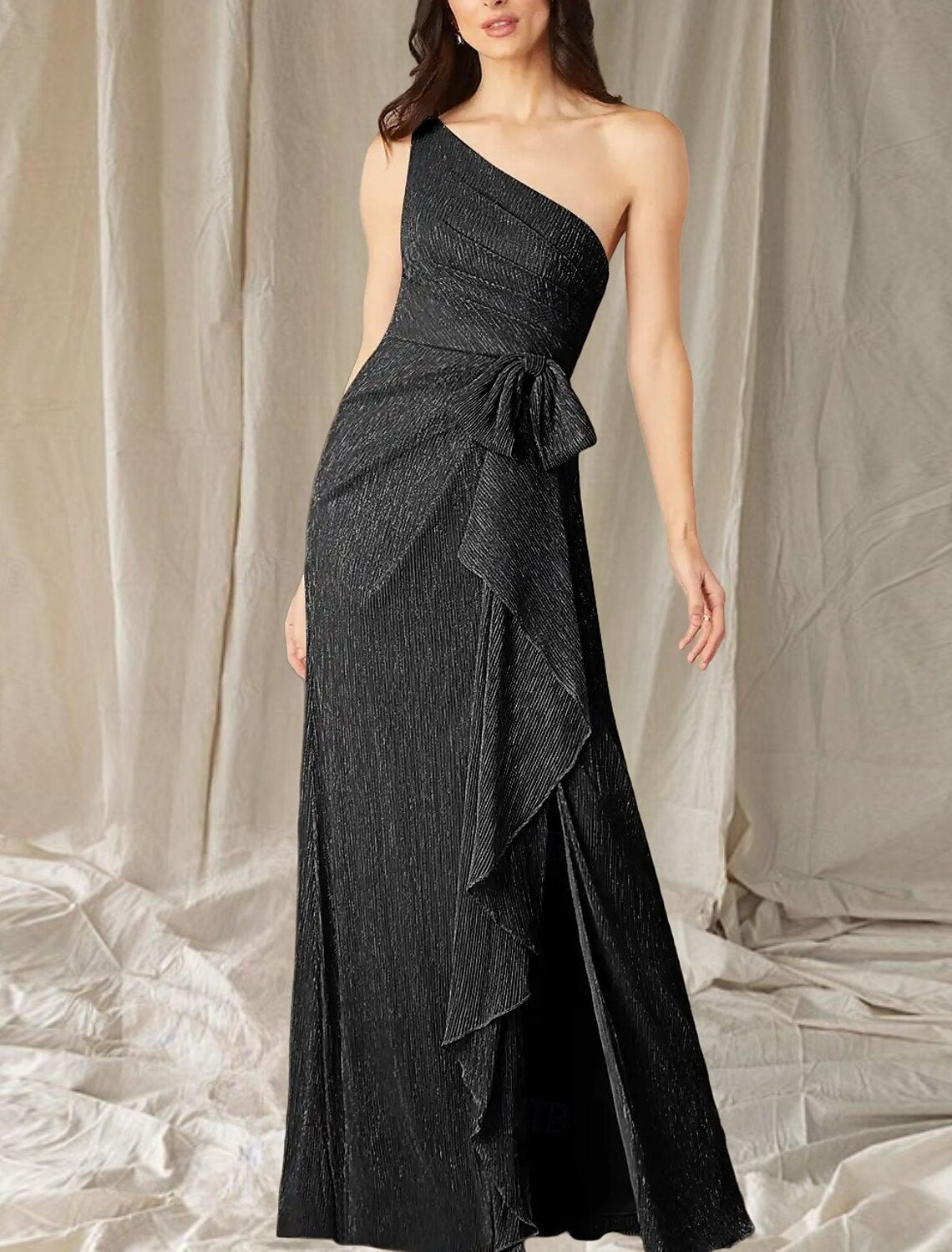 A-Line Mother of the Bride Dress Wedding Guest Elegant High Split One Shoulder Floor Length Stretch Chiffon Sleeveless with Ruffles Split Front Ruching