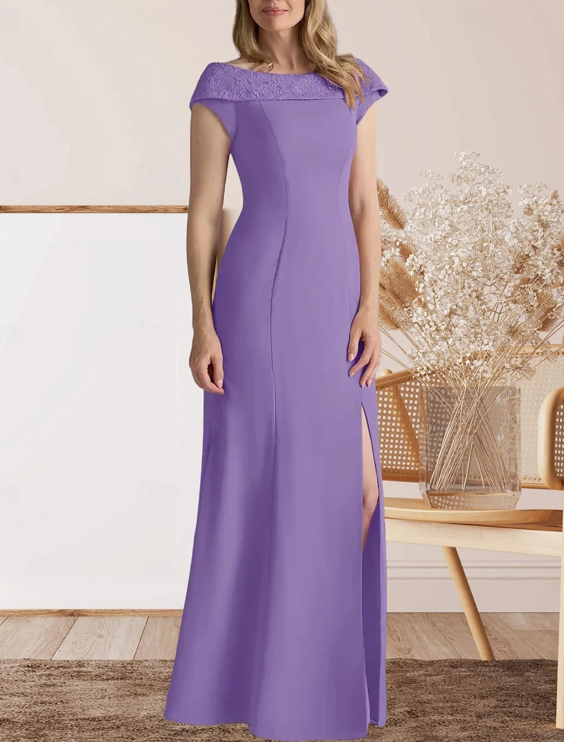 Mermaid / Trumpet Mother of the Bride Dress Wedding Guest Elegant Sweet Crew Neck Floor Length Lace Stretch Fabric Cap Sleeve with Lace Split Front