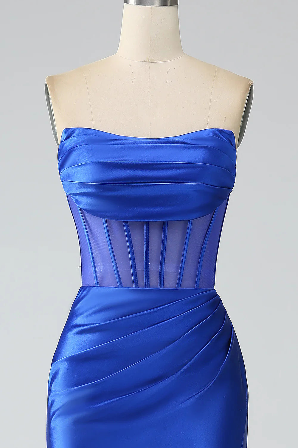 DingJiDress Royal Blue Mermaid Strapless Pleated Corset Long Prom Dress with Slit