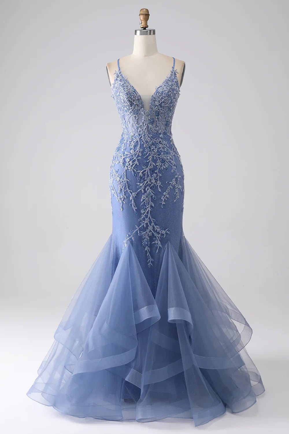 DingJiDress Grey Blue Mermaid Spaghetti Strap Beaded Backless Prom Dress With Appliques