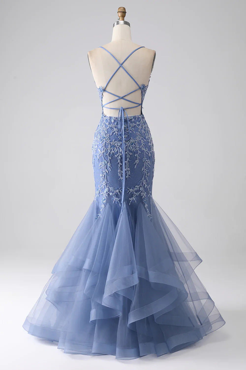 DingJiDress Grey Blue Mermaid Spaghetti Strap Beaded Backless Prom Dress With Appliques