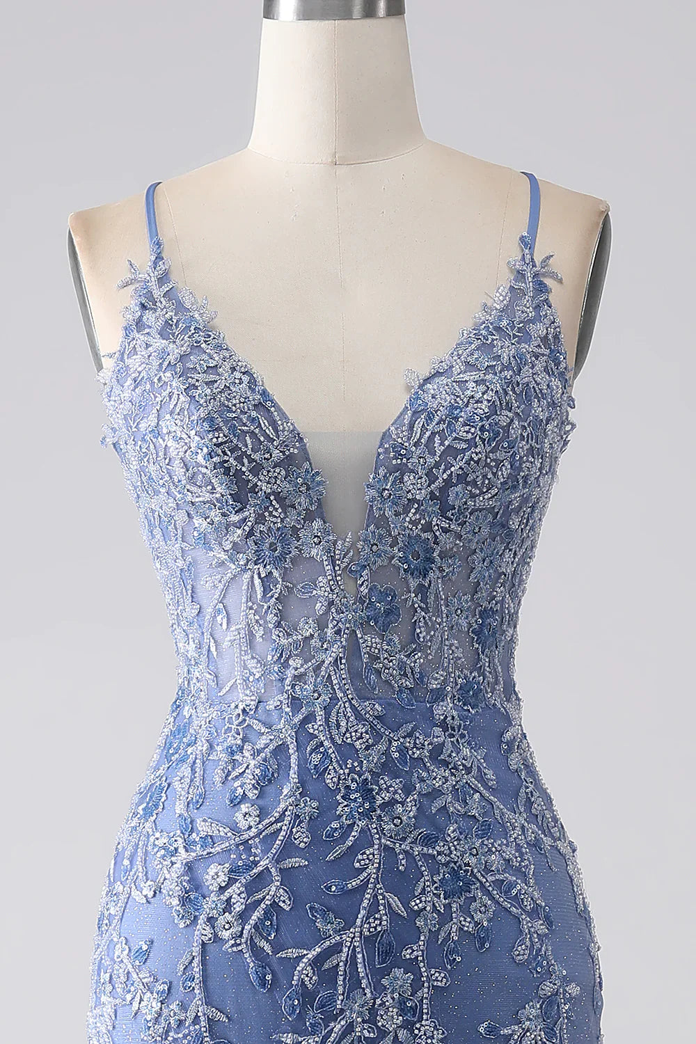 DingJiDress Grey Blue Mermaid Spaghetti Strap Beaded Backless Prom Dress With Appliques