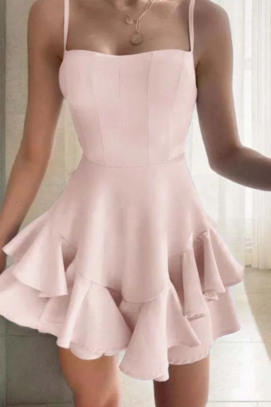 Slim Sky Blue Satin Spaghetti Strap Sleeveless Short Homecoming Dress With Ruffles