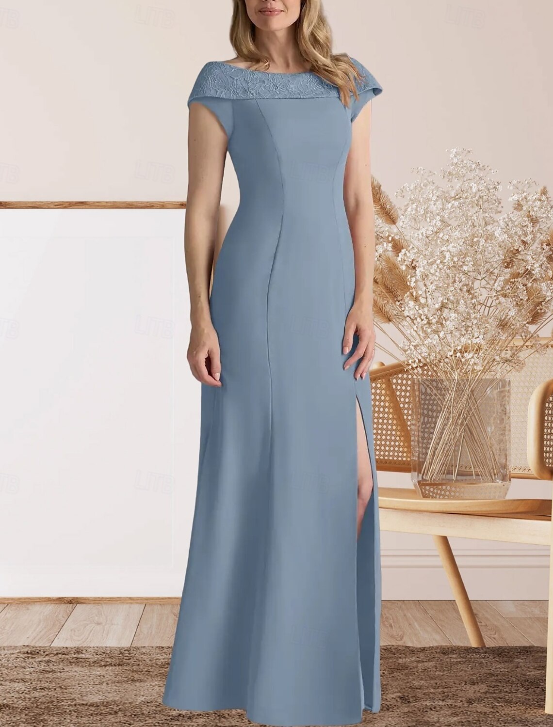 Mermaid / Trumpet Mother of the Bride Dress Wedding Guest Elegant Sweet Crew Neck Floor Length Lace Stretch Fabric Cap Sleeve with Lace Split Front