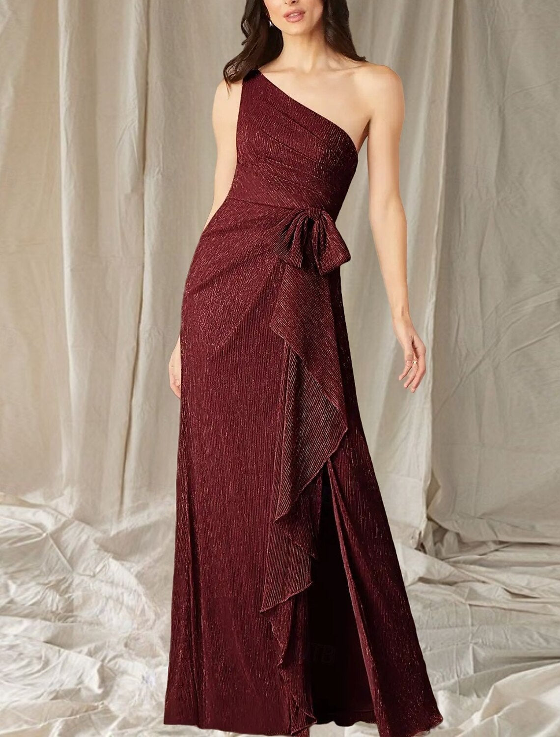 A-Line Mother of the Bride Dress Wedding Guest Elegant High Split One Shoulder Floor Length Stretch Chiffon Sleeveless with Ruffles Split Front Ruching