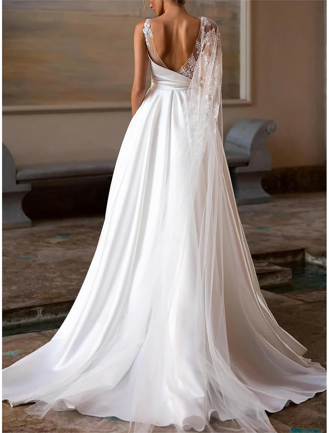 DingJiDress Hall Vintage Open Back Royal Style Wedding Dresses Ball Gown Off Shoulder V Neck Regular Straps Chapel Train Satin Bridal Gowns With Pleats Ruched