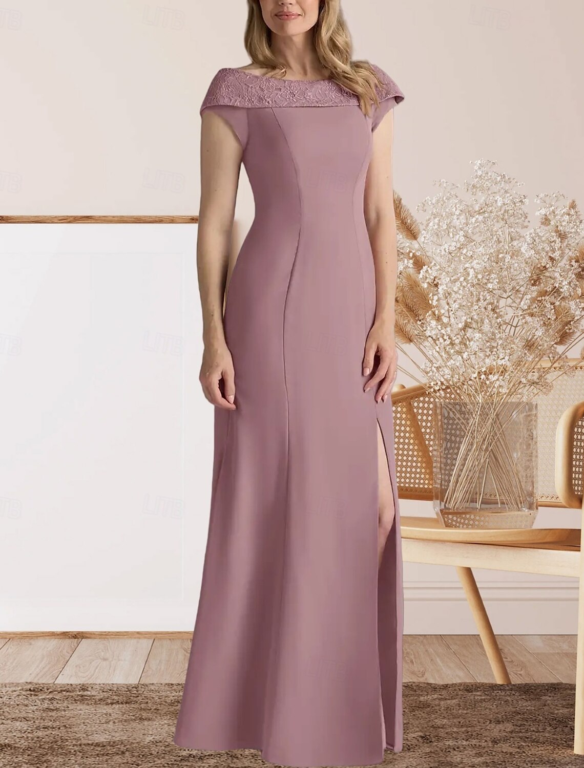 Mermaid / Trumpet Mother of the Bride Dress Wedding Guest Elegant Sweet Crew Neck Floor Length Lace Stretch Fabric Cap Sleeve with Lace Split Front